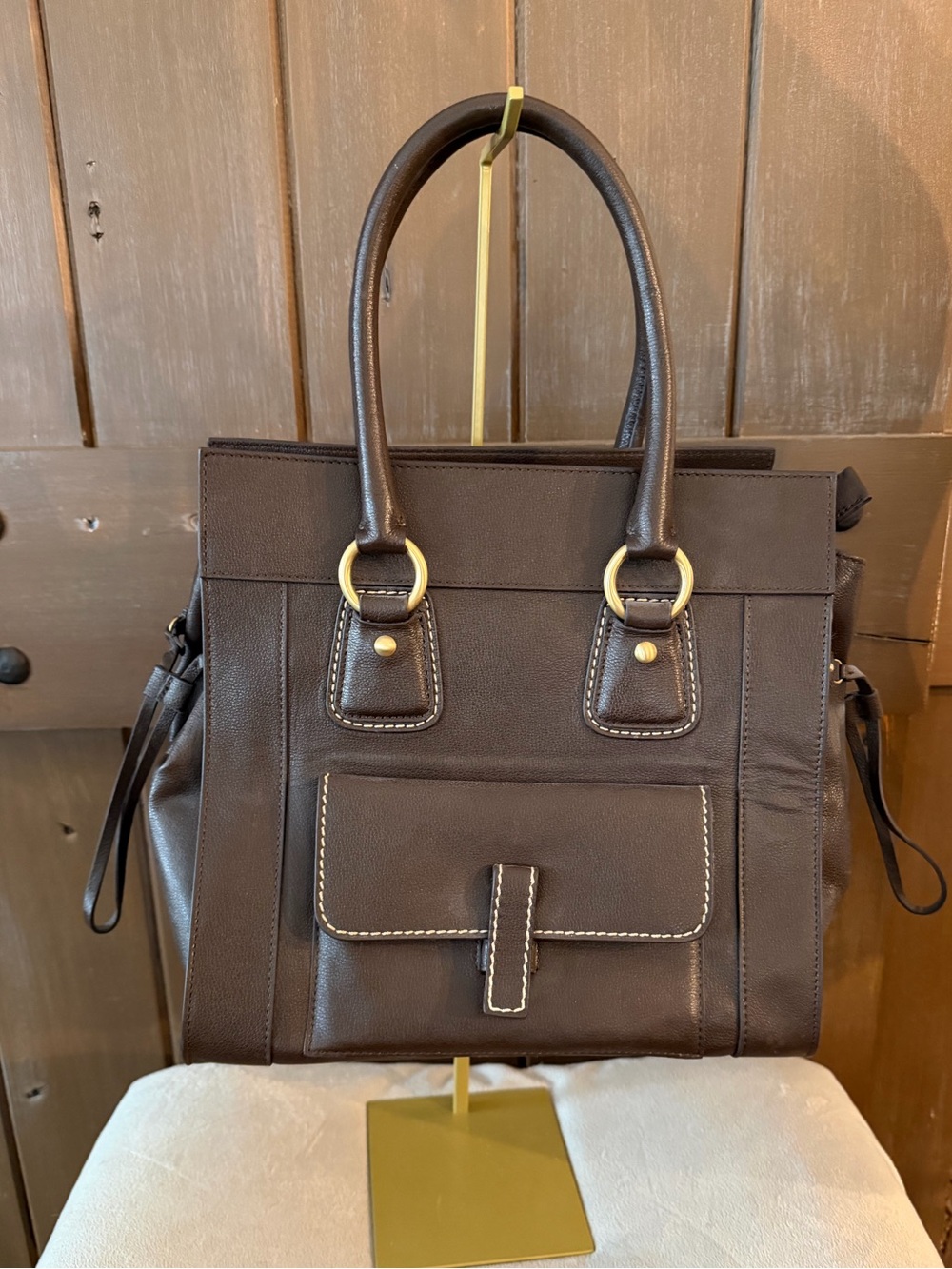 Talbots Dark Brown Leather Satchel with Contrast Stitching was $279